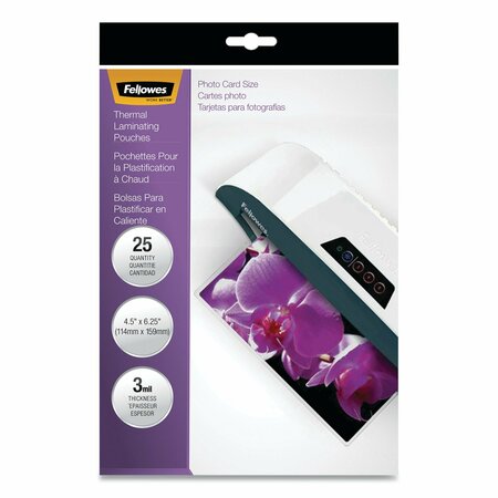 FELLOWES Laminating Pouches, 3 mil, 4.5" x 6.25", Gloss Clear, PK25 5208301